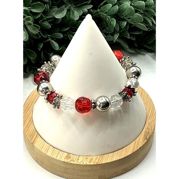Beaded Bracelet Red and Clear With Silver Accents and Candy Cane Charm - Picture 5 of 8
